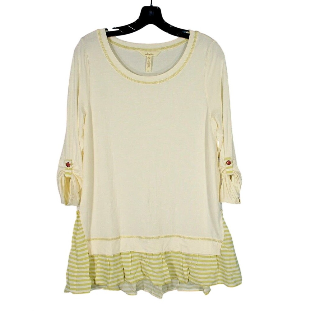 MATILDA JANE Cream/Green STRIPED RUFFLE Knit VENTRILOQUIST BLOUSE/TUNIC TOP Sz S